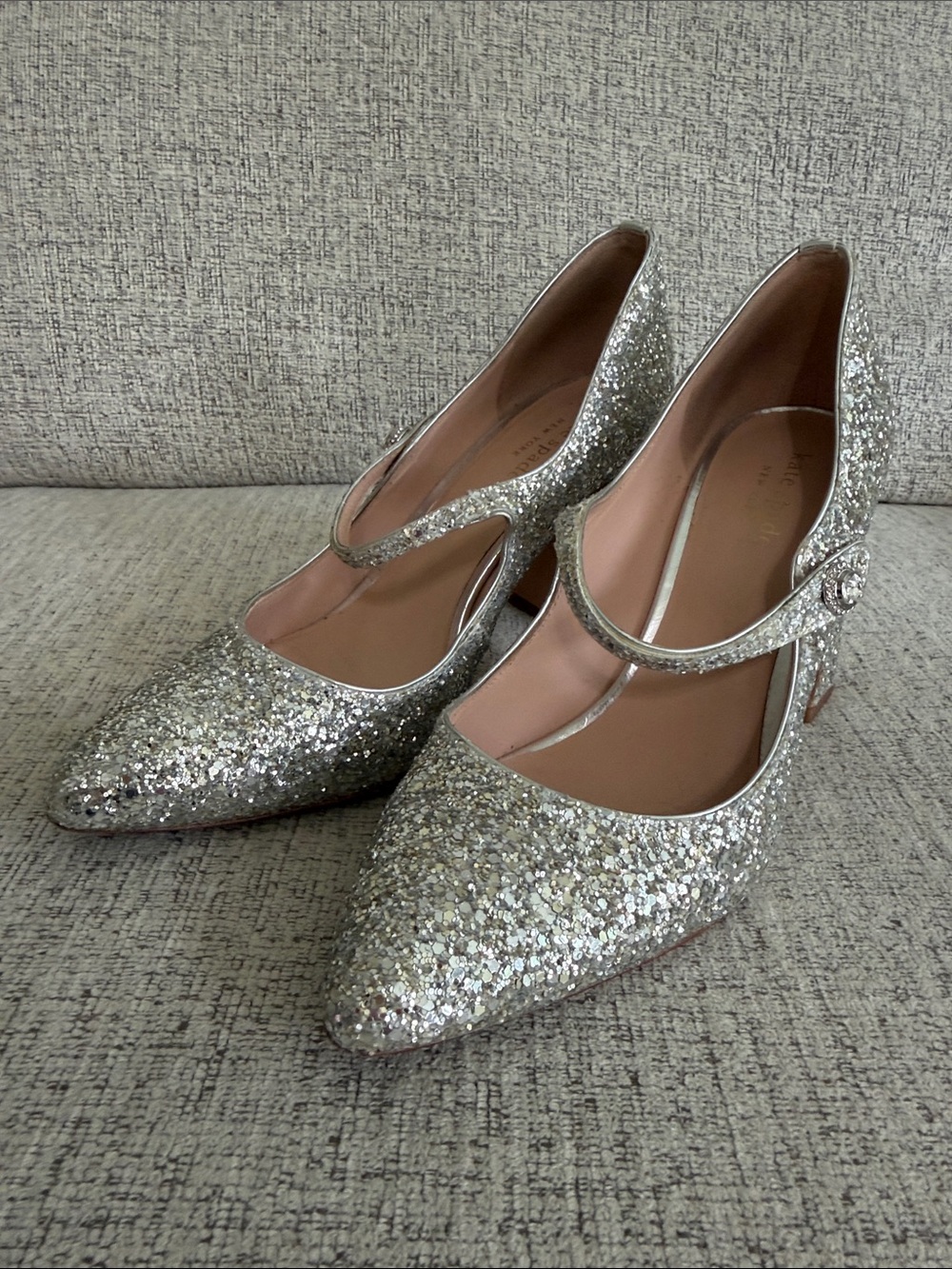 Kate Spade Maren Mary Jane Silver Glitter Heels 7.5